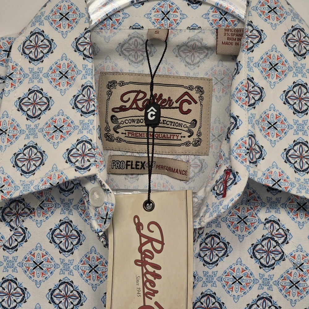 Rafter C Mens ProFlex 45 Western Snap Shirt White Blue Medallion RC2323113S S